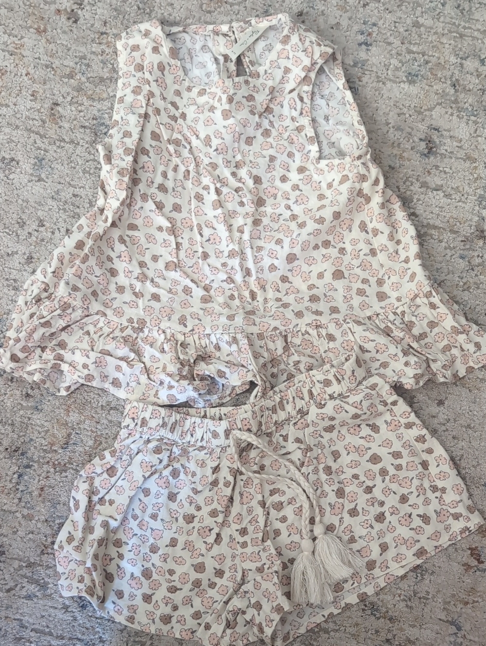 Rylee And Cru Floral Ruffle Tank & Drawstring Shorts Set - Cream with Dusty Pink